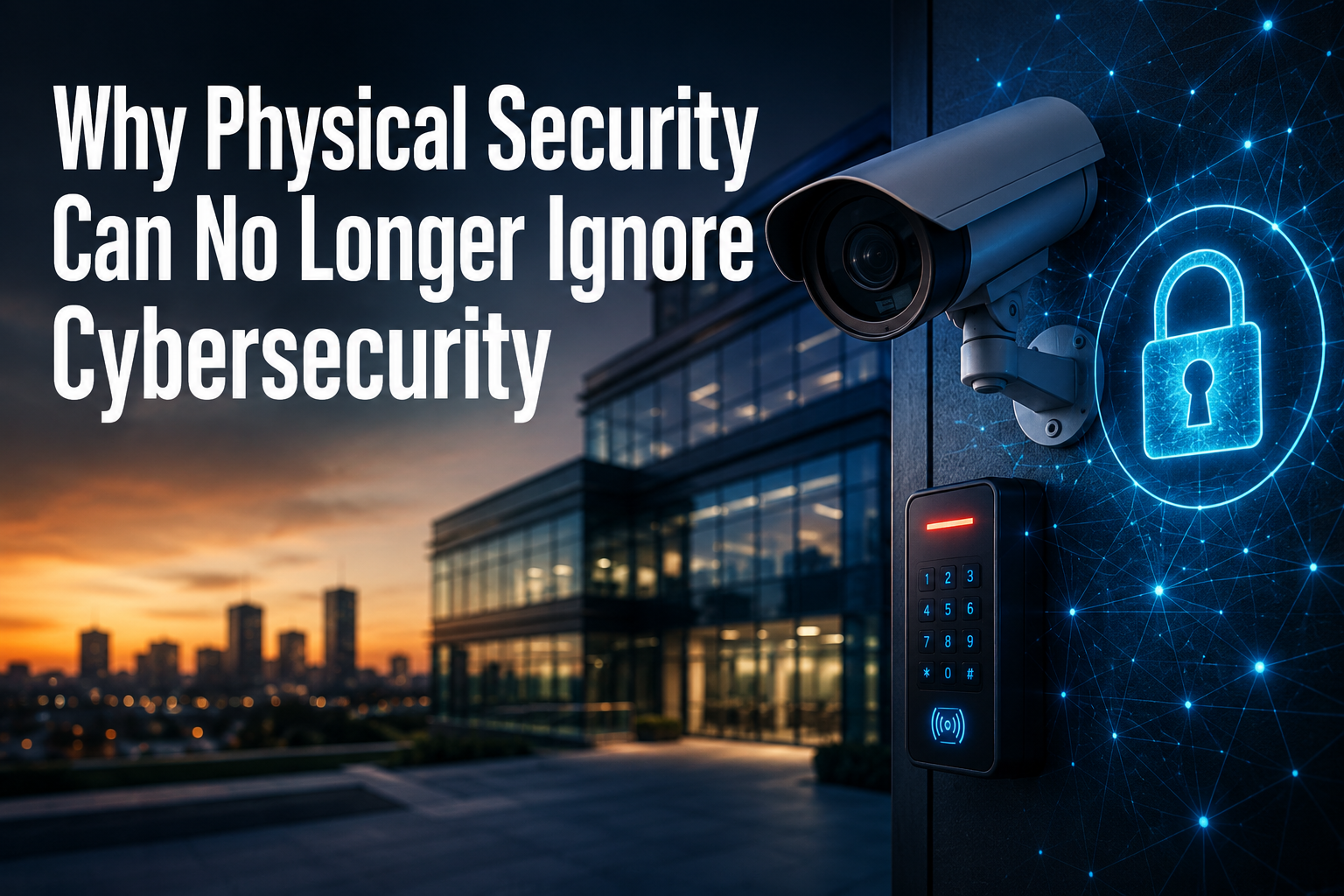 Modern commercial office building at dusk with a surveillance camera, access control keypad, and glowing digital lock icon over a connected network graphic, illustrating the convergence of physical security and cybersecurity.