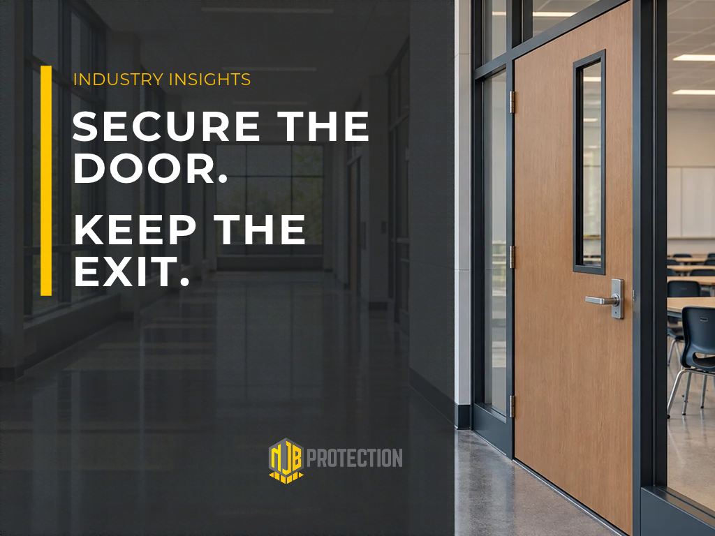 Modern school corridor and closed classroom door with the message "Secure the Door. Keep the Exit."